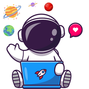Astronaut Waving With a Laptop And Planets Next To His Head