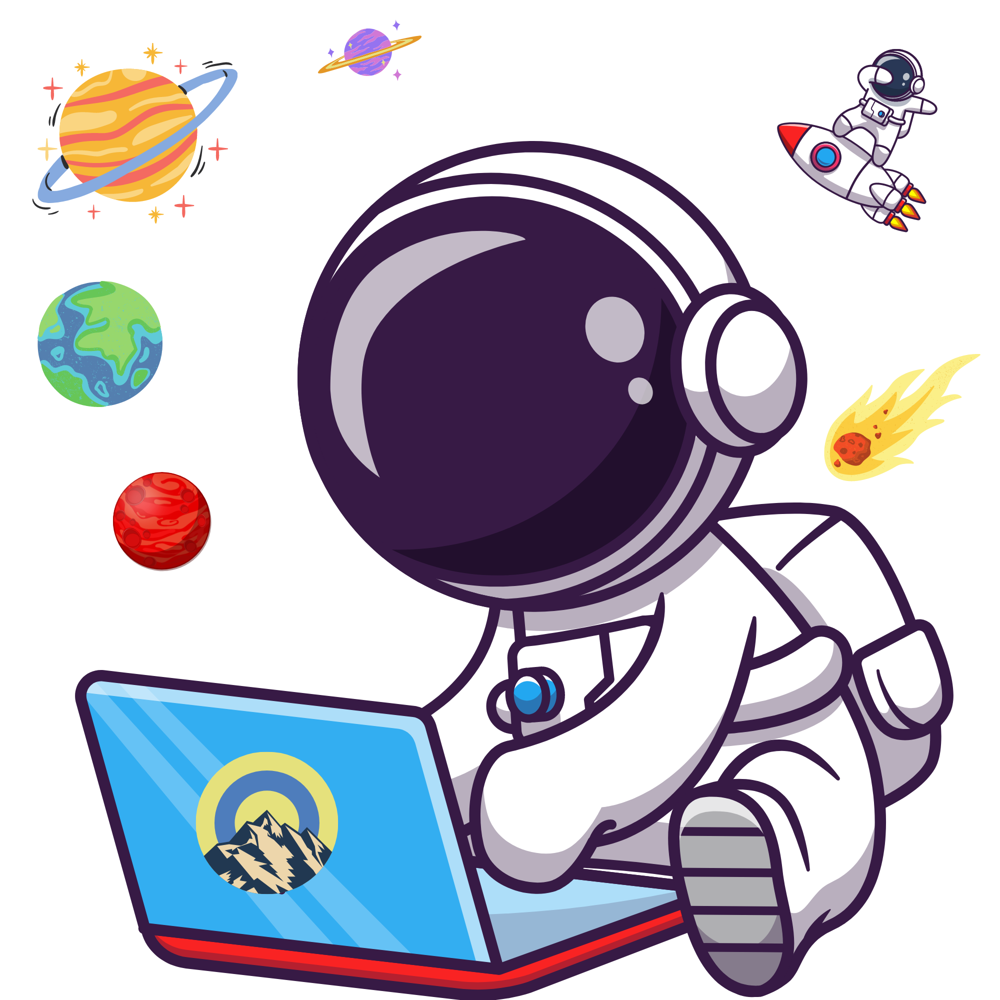 Astronaut With a Laptop And Planets Around Him